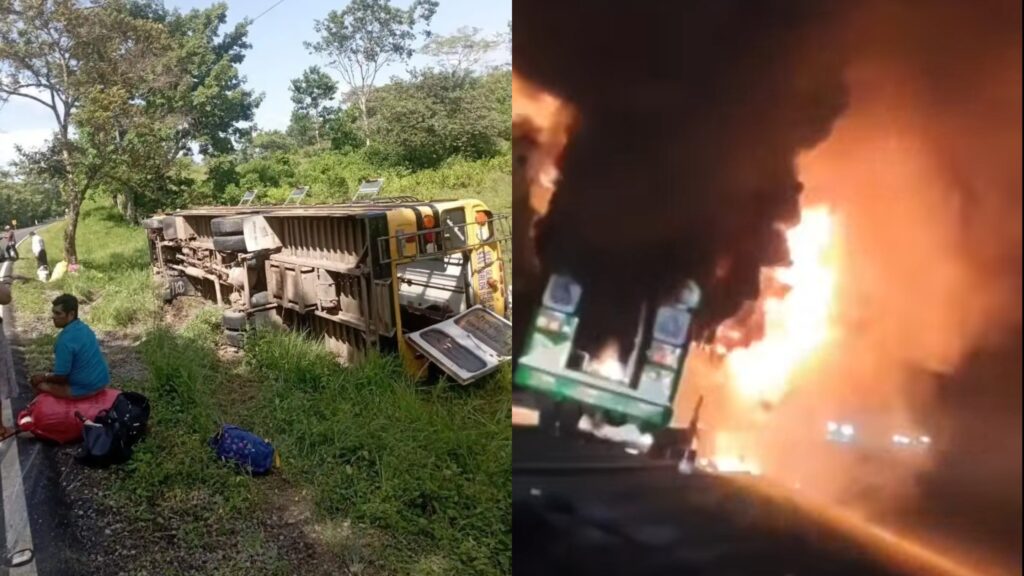 Dos buses de pasajeros protagonizan emergencias en Nicaragua: uno se incendia en Boaco y otro se vuelca en Río San Juan