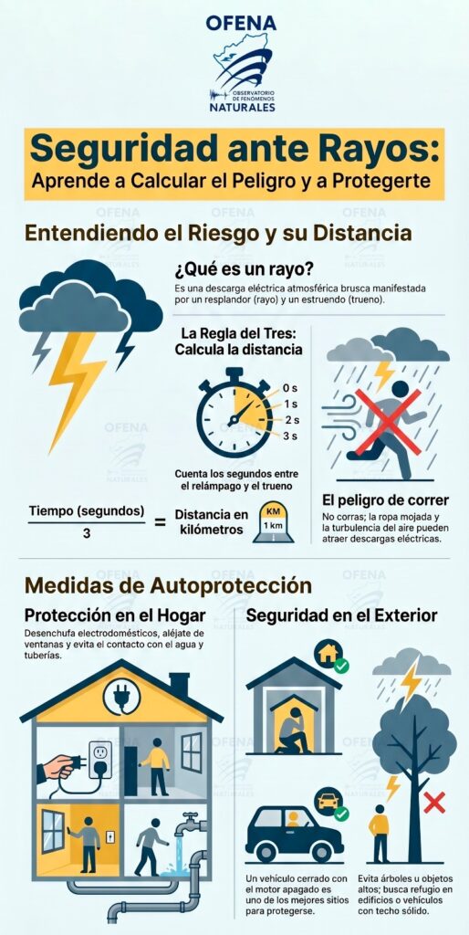Infografía de OFENA sobre seguridad ante rayos y tormentas eléctricas en Nicaragua.